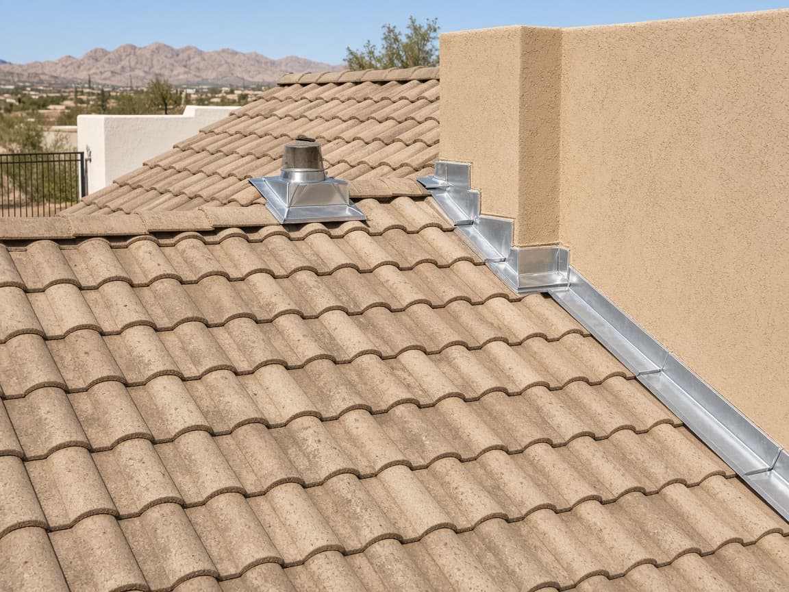 Roof vent and chimney flashings on a tile roof