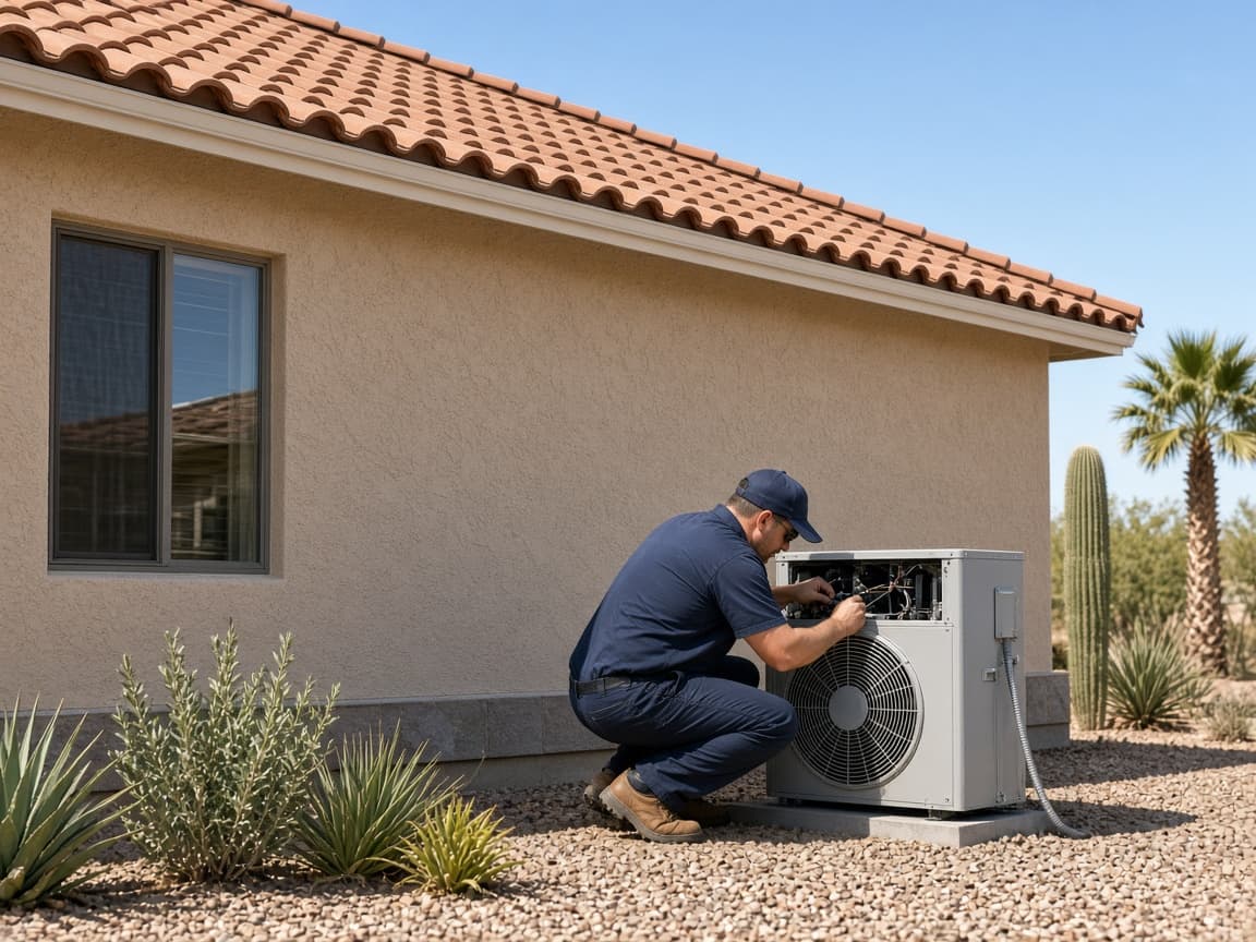 Technician servicing an AC unit beside a Phoenix home with a tile roof